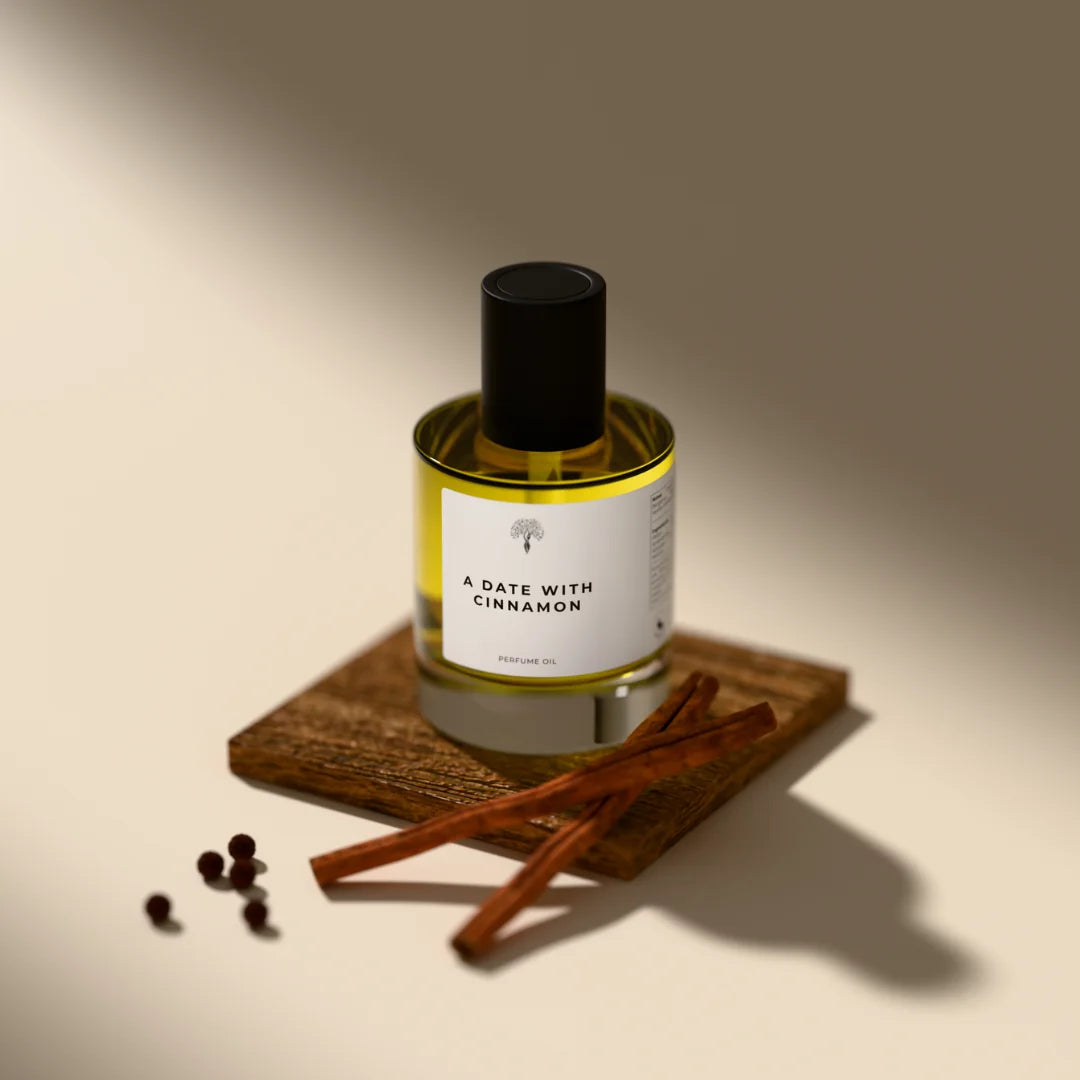A date with cinnamon perfume bottle with dropper
