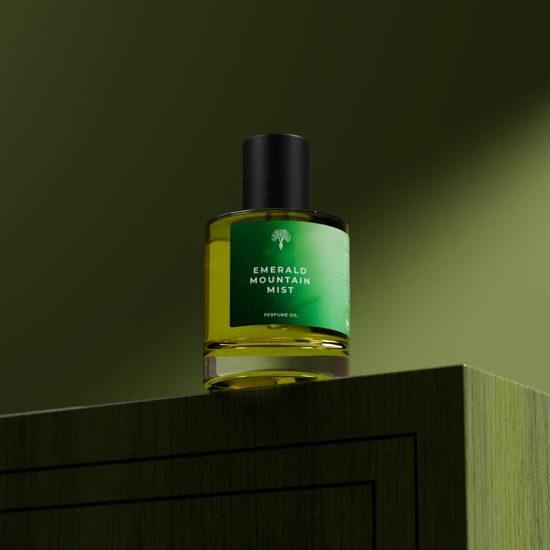 Emerald Mountain Mist perfume bottle with dropper