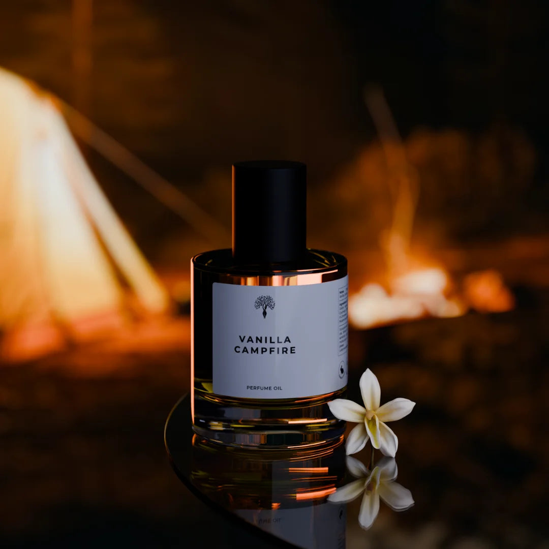 Vanilla Campfire perfume oil bottle with a dropper