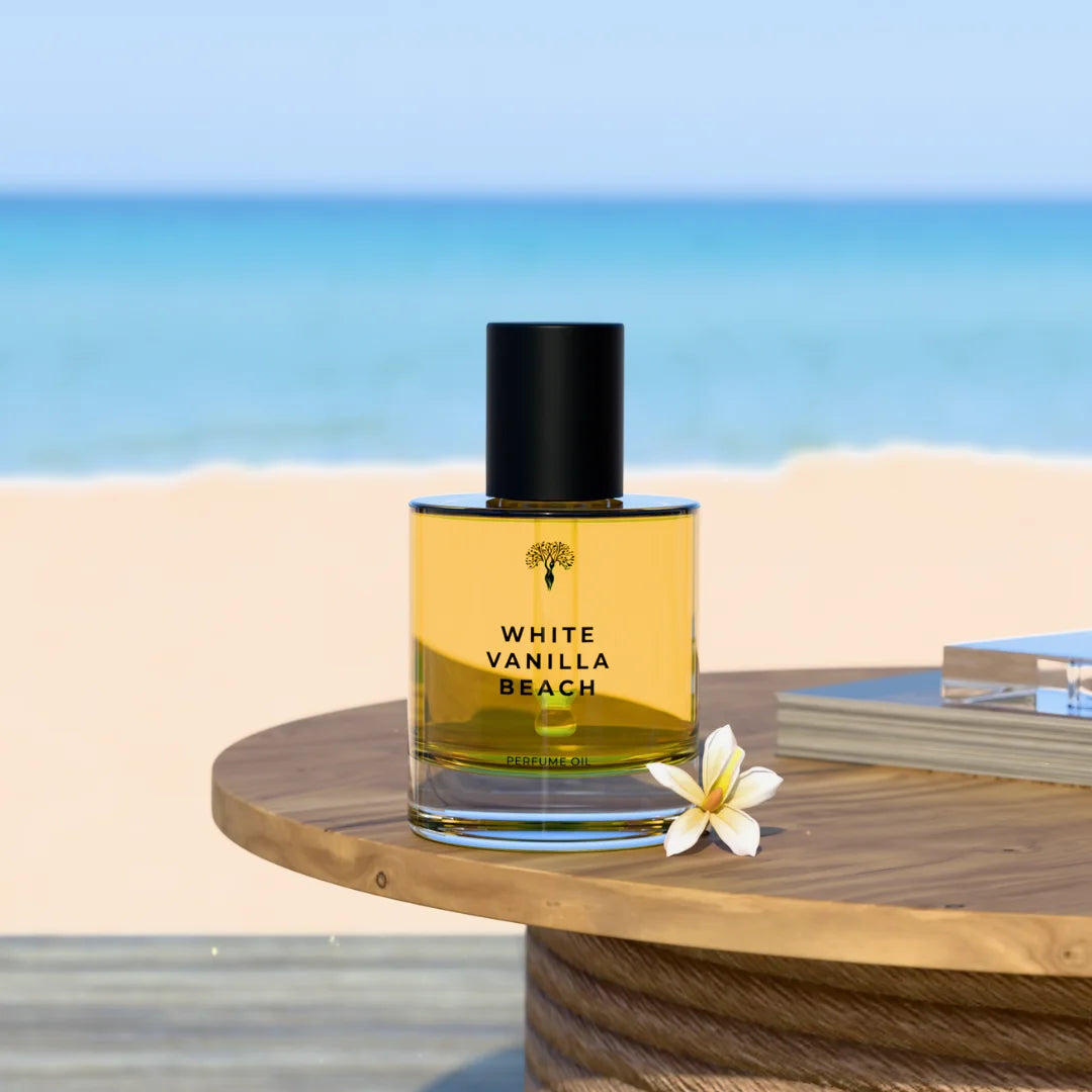 White Vanilla Beach perfume oil bottle with a dropper