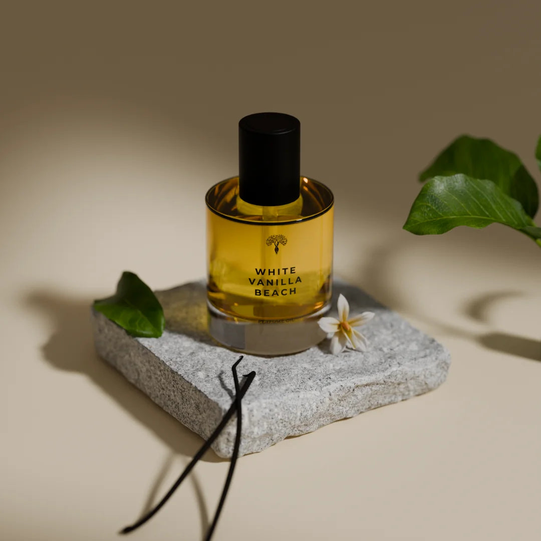 White Vanilla Beach perfume bottle with dropper